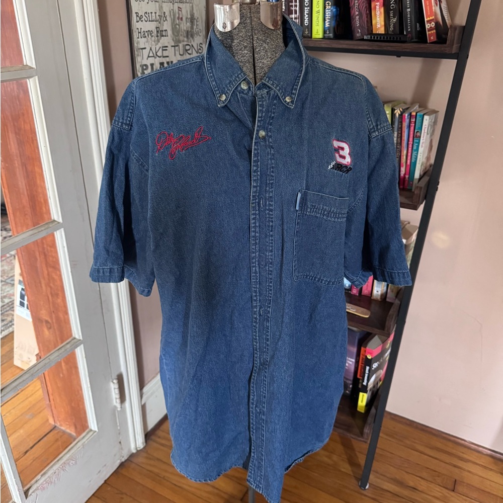 Dale Earnhardt #3 Casual Dark Blue Denim Short-Sleeve Button-Down Shirt